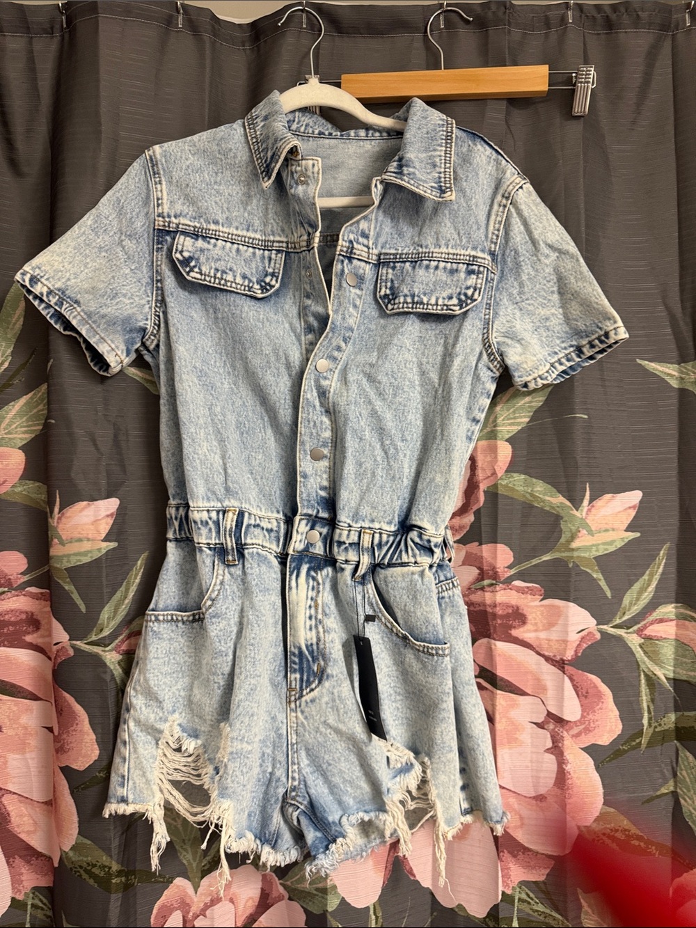 SHEIN Light Blue Distressed Denim Short Sleeve Romper